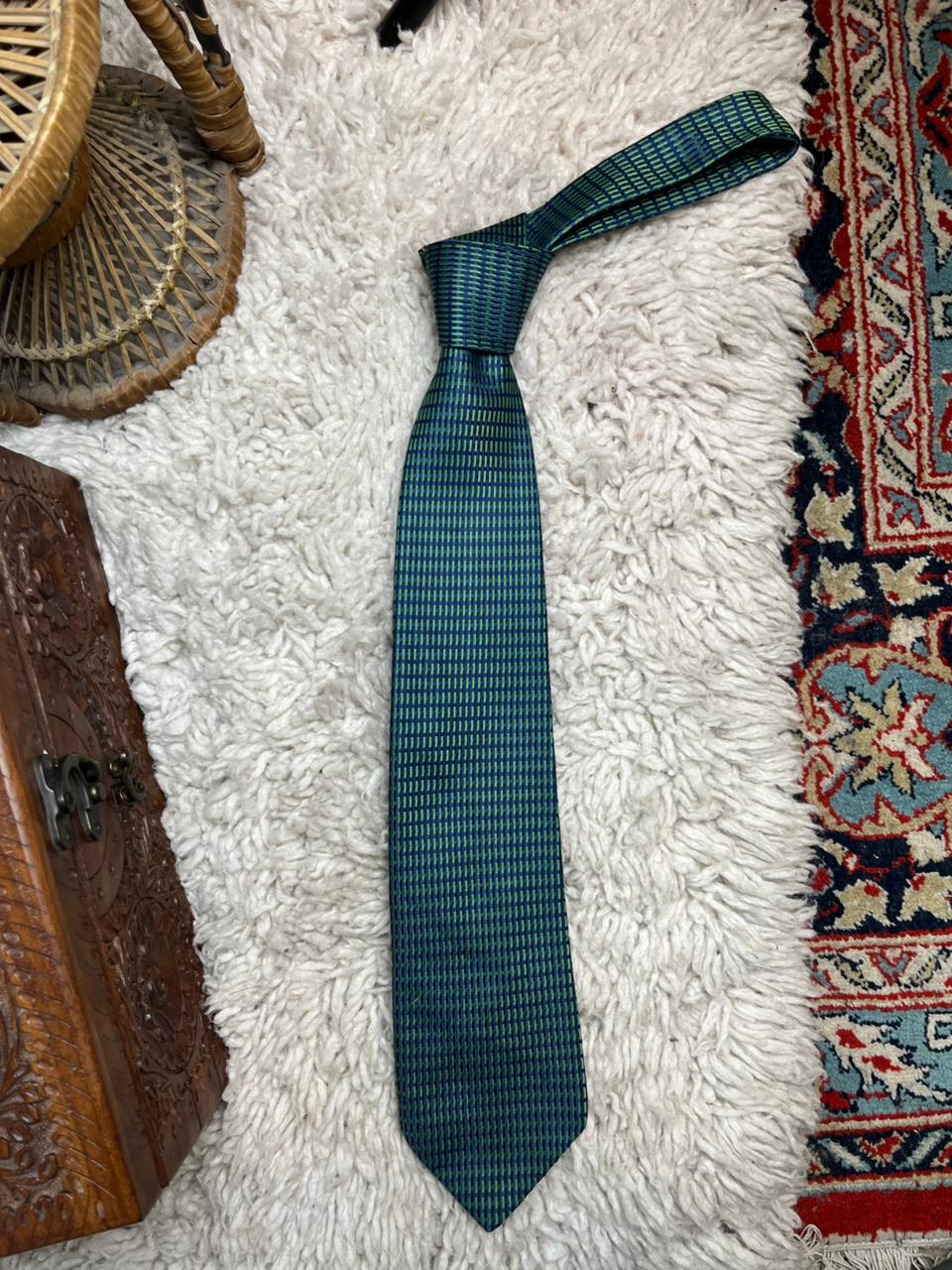 Charles of London Men's Tie Blue & Green Micro Geometric Pattern 100% Polyester