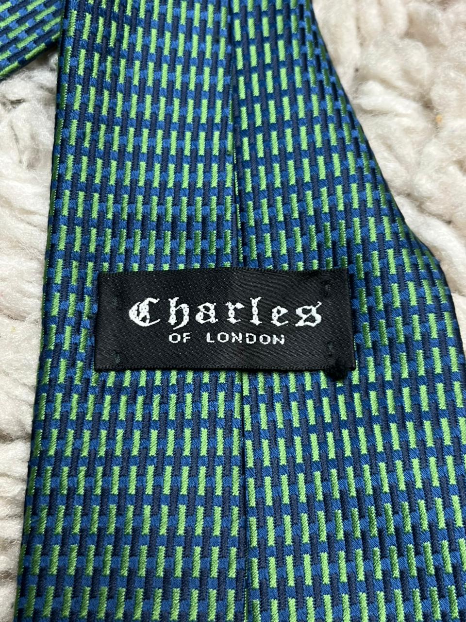 Charles of London Men's Tie Blue & Green Micro Geometric Pattern 100% Polyester