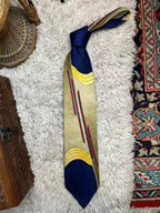 Silkworm London 100% Silk Hand Made Tie Gold & Navy Blue Abstract Art Deco