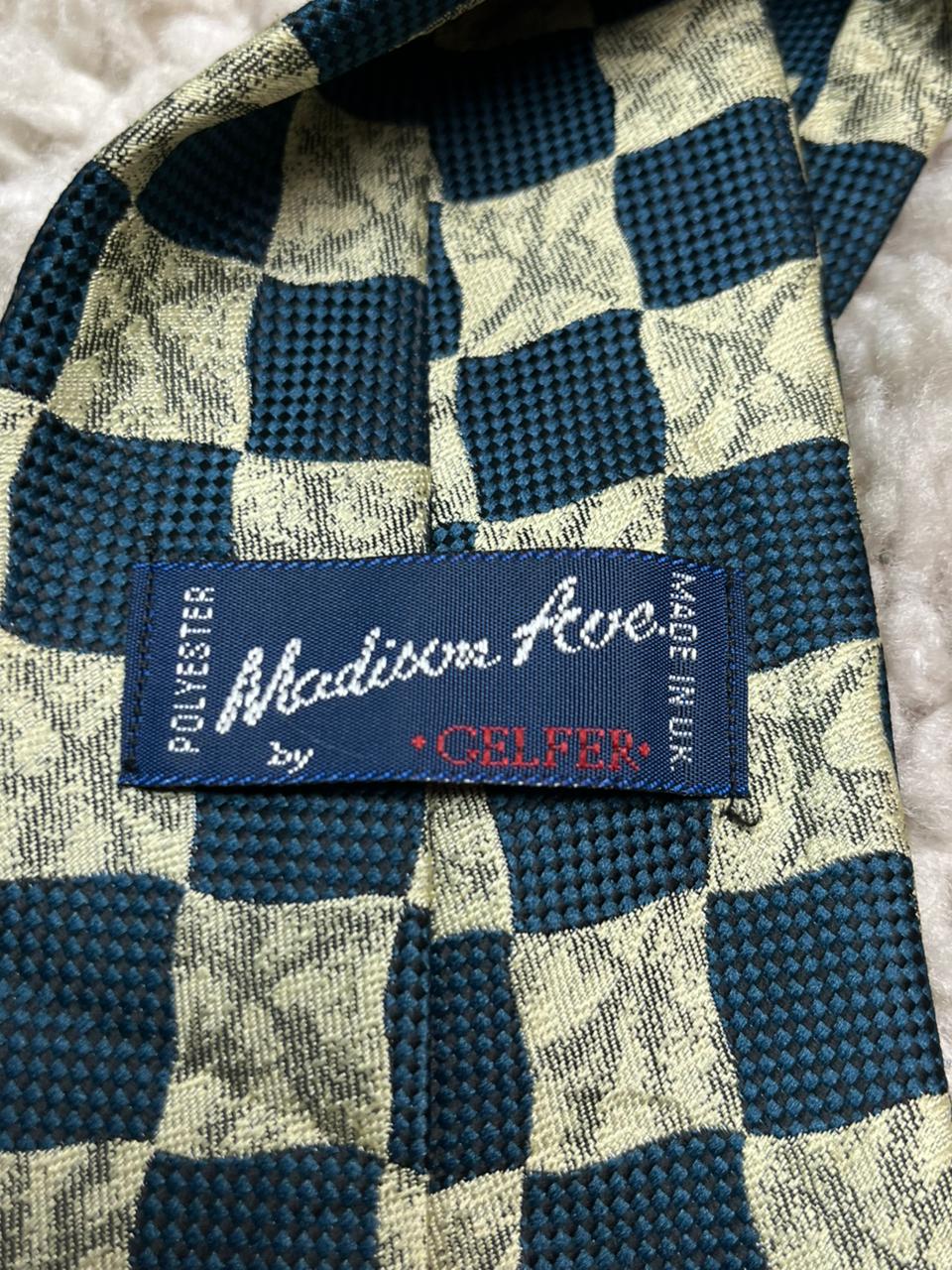 Vintage Madison Ave. by Gelfere Necktie Teal Green Checkerboard Print