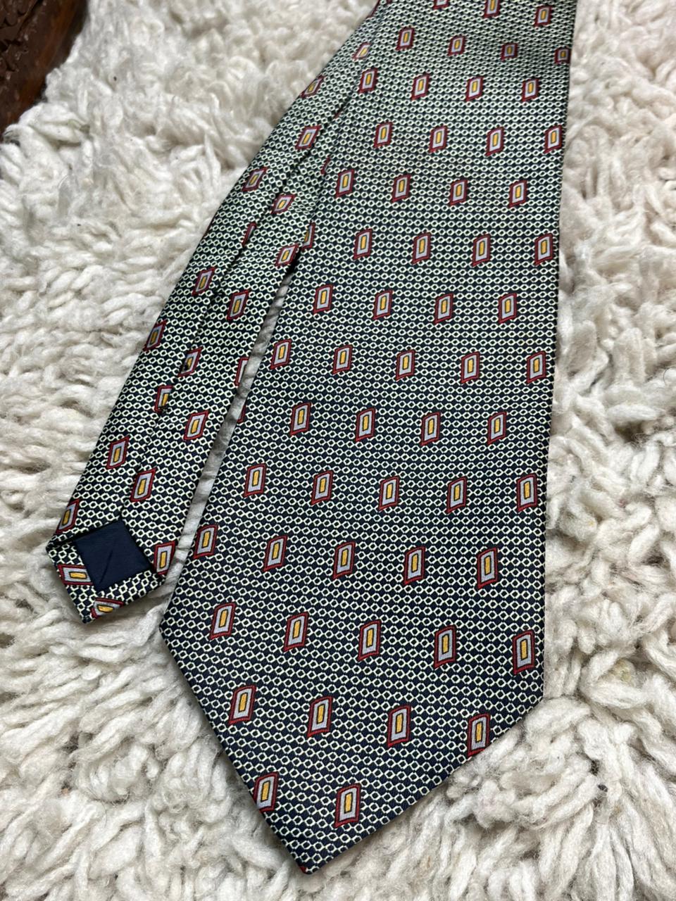 Valeria Boldi Silk Tie Mens Hand Made Geometric Navy Blue Silver Red Gold Myung Ju