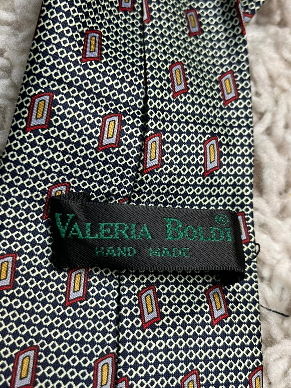 Valeria Boldi Silk Tie Mens Hand Made Geometric Navy Blue Silver Red Gold Myung Ju
