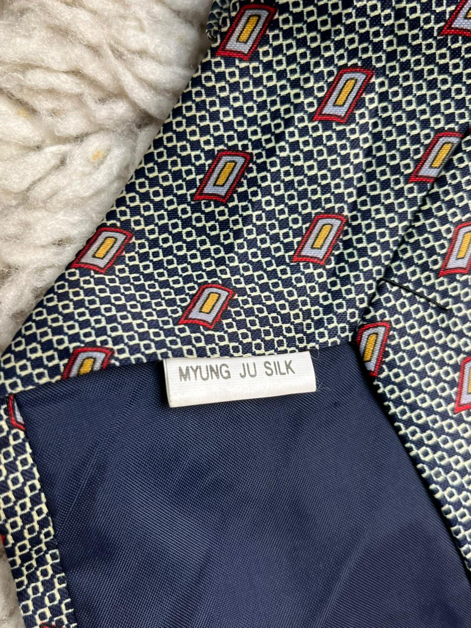 Valeria Boldi Silk Tie Mens Hand Made Geometric Navy Blue Silver Red Gold Myung Ju