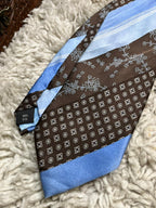 Roberto 100% Silk Tie Brown & Light Blue Floral Geometric Diagonal Stripe Men's