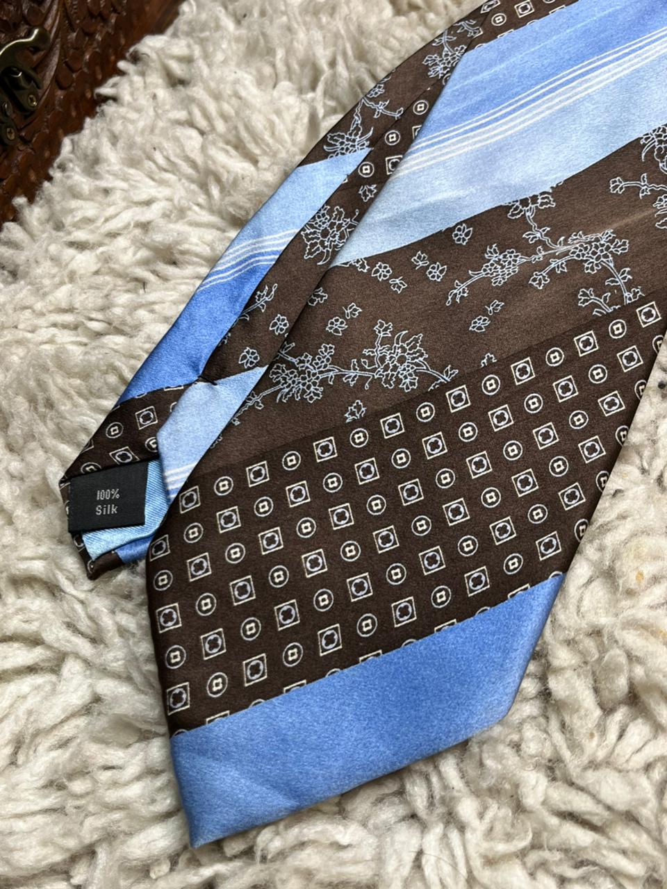 Roberto 100% Silk Tie Brown & Light Blue Floral Geometric Diagonal Stripe Men's