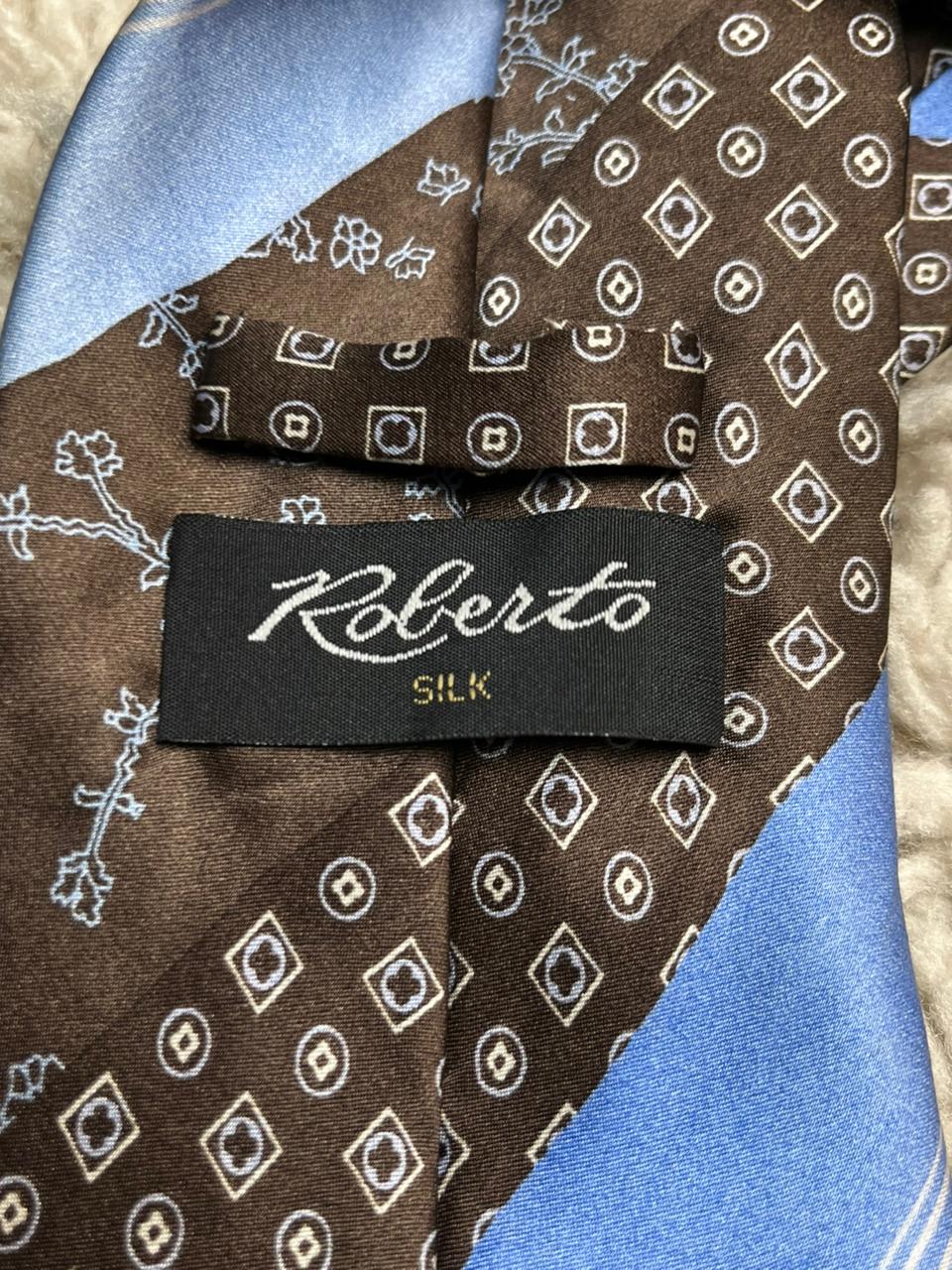Roberto 100% Silk Tie Brown & Light Blue Floral Geometric Diagonal Stripe Men's
