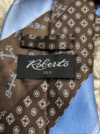 Roberto 100% Silk Tie Brown & Light Blue Floral Geometric Diagonal Stripe Men's