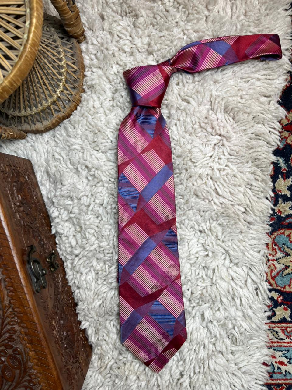 Murano Italia Men's Silk Tie Red Pink Blue Geometric Striped Abstract