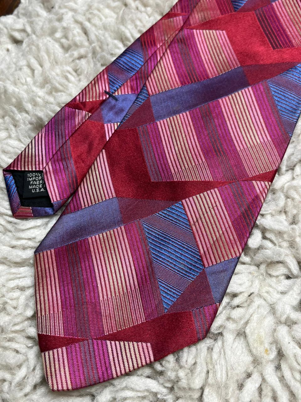 Murano Italia Men's Silk Tie Red Pink Blue Geometric Striped Abstract