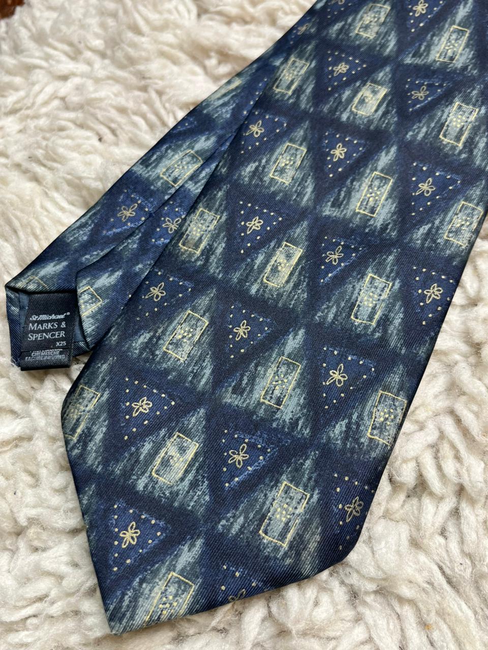Vintage St Michael Marks & Spencer Pure Silk Tie Navy Abstract Geometric Floral