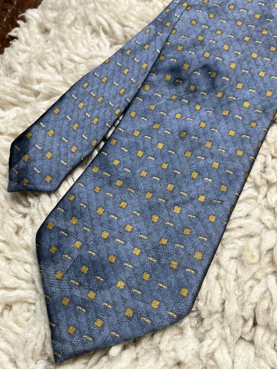 D'Alimbi 100% Pure Silk Tie Blue with Gold Geometric Square Pattern