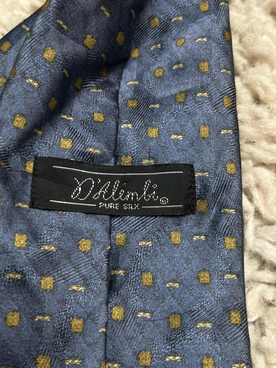 D'Alimbi 100% Pure Silk Tie Blue with Gold Geometric Square Pattern