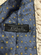 D'Alimbi 100% Pure Silk Tie Blue with Gold Geometric Square Pattern