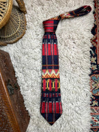 Vintage 90s New East Silk Tie Red Navy Gold Abstract Geometric Tribal Pattern