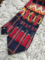 Vintage 90s New East Silk Tie Red Navy Gold Abstract Geometric Tribal Pattern