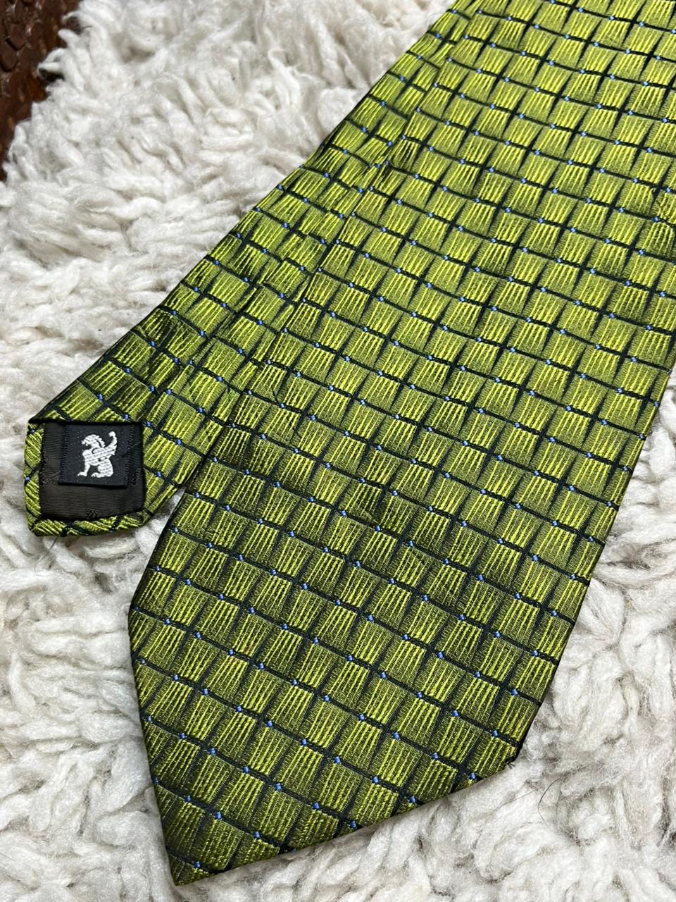 Vicenza Mens Tie Pure Silk Lime Green Blue Geometric Grid Pattern