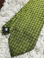 Vicenza Mens Tie Pure Silk Lime Green Blue Geometric Grid Pattern