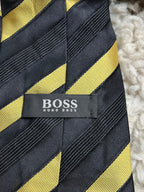 HUGO BOSS Mens Tie 100% Silk Black Gold Yellow Diagonal Stripe
