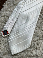 River Island Mens Tie 100% Silk White Silver Grey Diagonal Striped