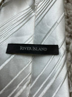 River Island Mens Tie 100% Silk White Silver Grey Diagonal Striped