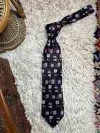 Vintage Montagu Tie Black Red Flowers Squares Abstract Retro Aesthetic