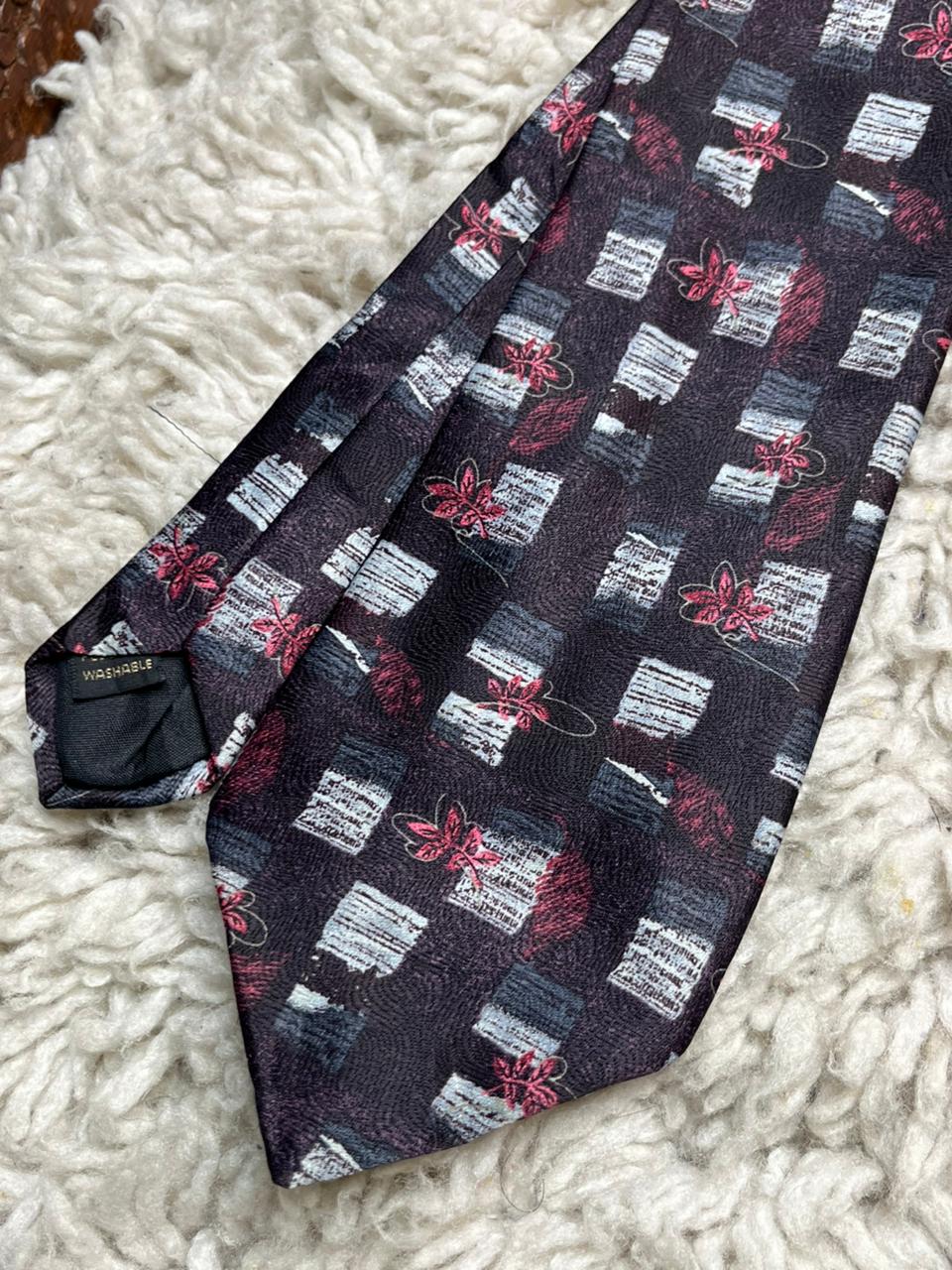 Vintage Montagu Tie Black Red Flowers Squares Abstract Retro Aesthetic