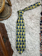 Montagu Tie Yellow Green Navy Blue Geometric Diamond Silk-Look