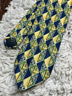 Montagu Tie Yellow Green Navy Blue Geometric Diamond Silk-Look