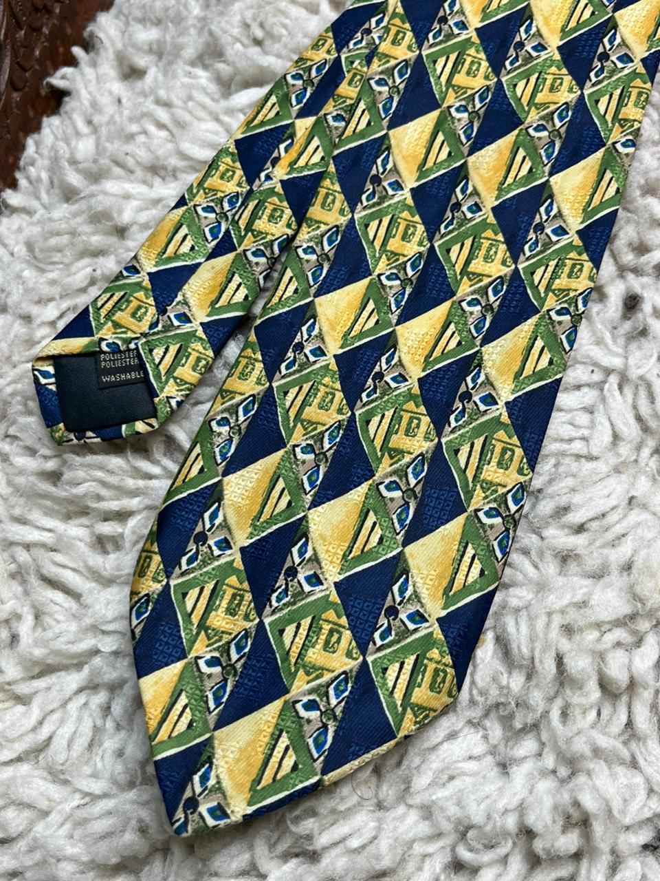 Montagu Tie Yellow Green Navy Blue Geometric Diamond Silk-Look