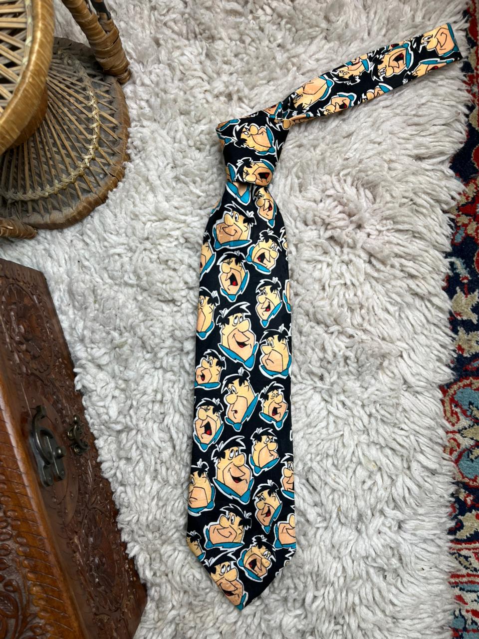 Vintage 1993 Fred Flintstone Tie Hanna-Barbera Addiction Ltd Retro Cartoon Black