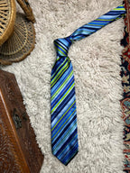 DKNY Silk Tie Italy Blue Purple Green Multi-Stripe Designer Necktie