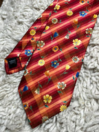 Vintage St Michael Marks & Spencer Red Plaid Floral Tie - Mens Silk Necktie