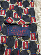 Windsor Collection Silk Tie - Navy Blue Red Grey Geometric Print Mens Necktie