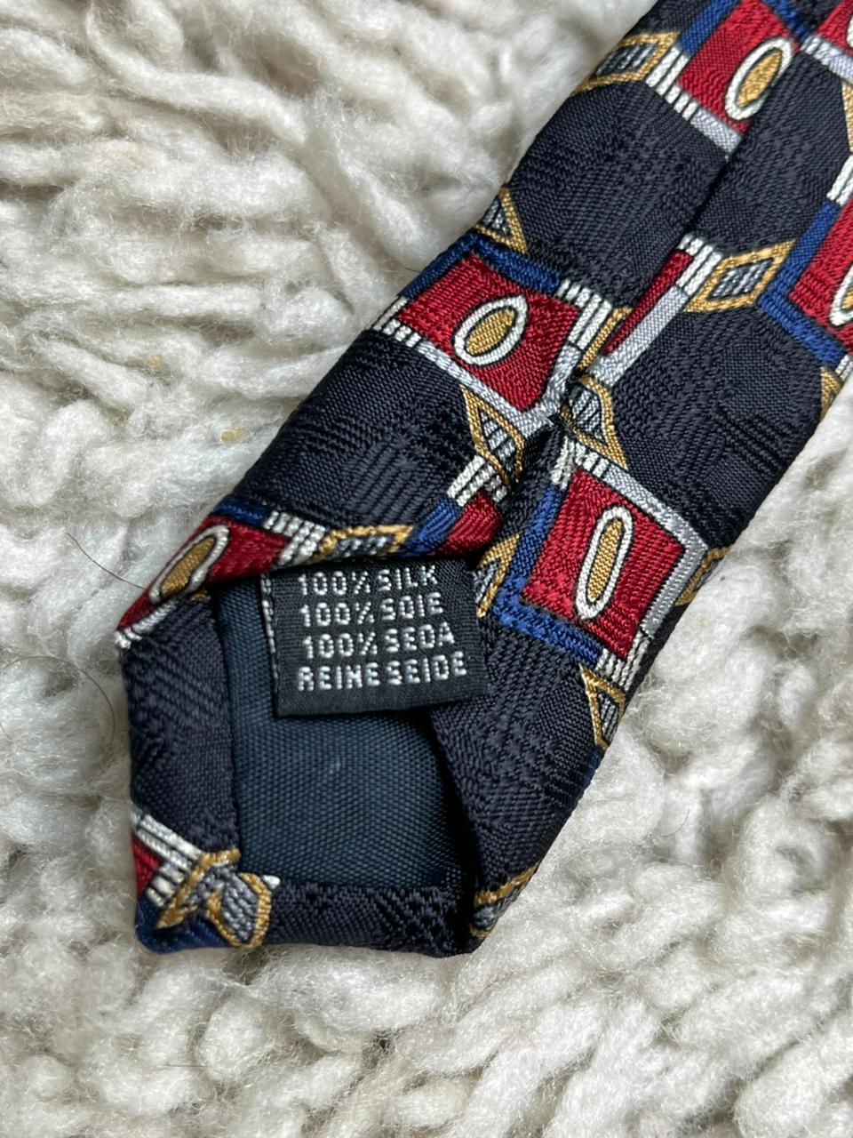 Windsor Collection Silk Tie - Navy Blue Red Grey Geometric Print Mens Necktie