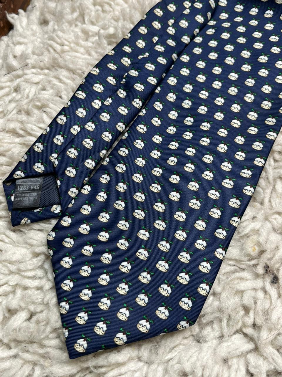 Marks & Spencer Navy Blue Silk Christmas Pudding Novelty Festive Tie