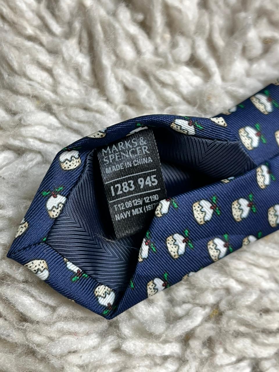 Marks & Spencer Navy Blue Silk Christmas Pudding Novelty Festive Tie