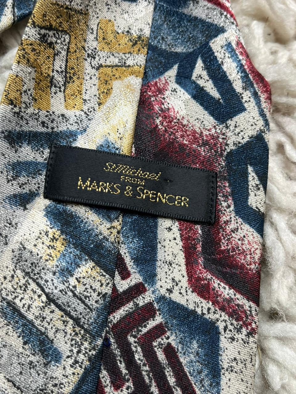 St Michael Marks & Spencer Vintage Tie Navy Red Yellow Abstract Geometric