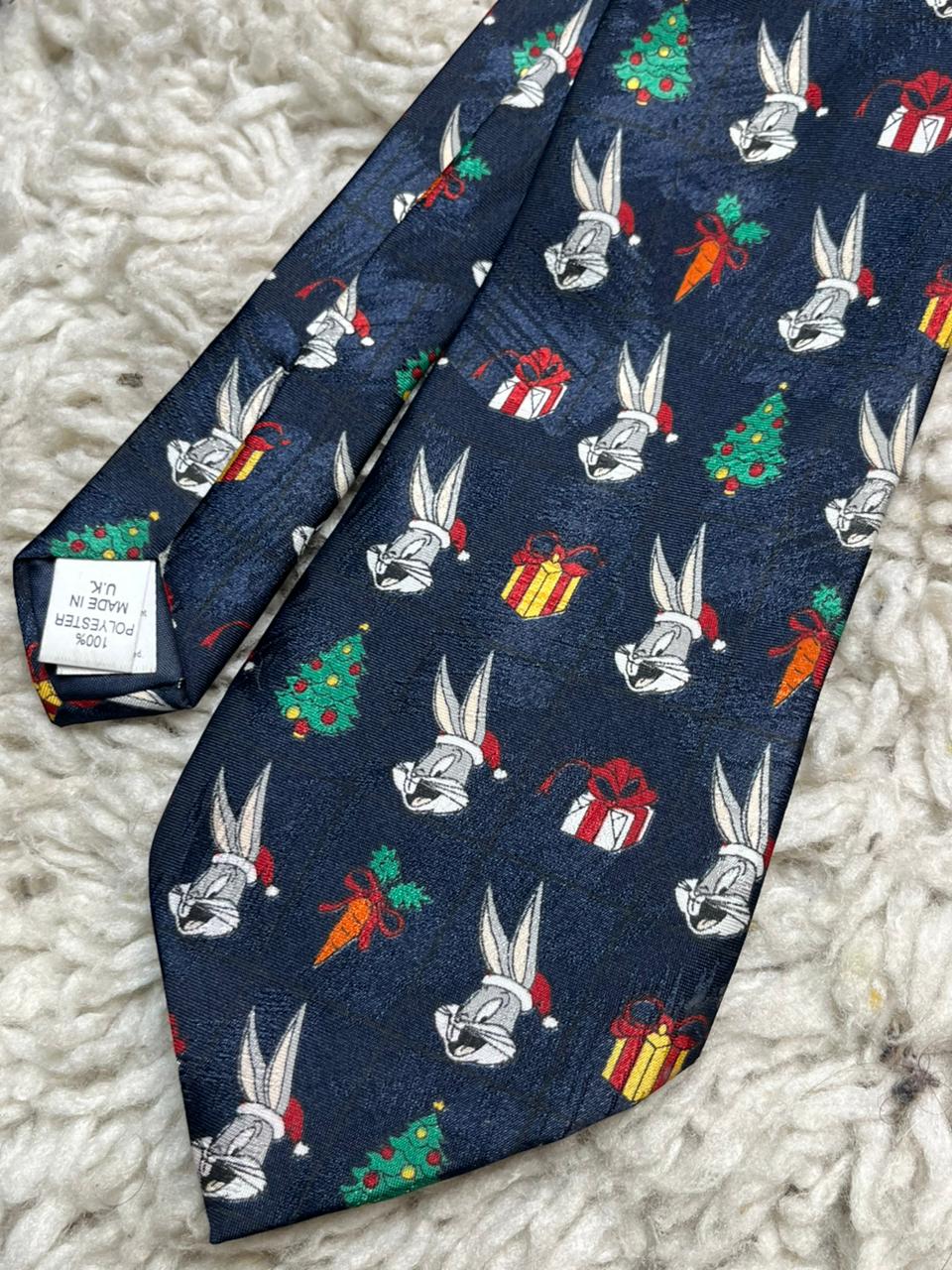 Vintage 1996 Looney Tunes Bugs Bunny Christmas Tie Navy Blue Holiday Retro