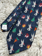 Vintage 1996 Looney Tunes Bugs Bunny Christmas Tie Navy Blue Holiday Retro