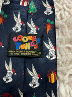 Vintage 1996 Looney Tunes Bugs Bunny Christmas Tie Navy Blue Holiday Retro
