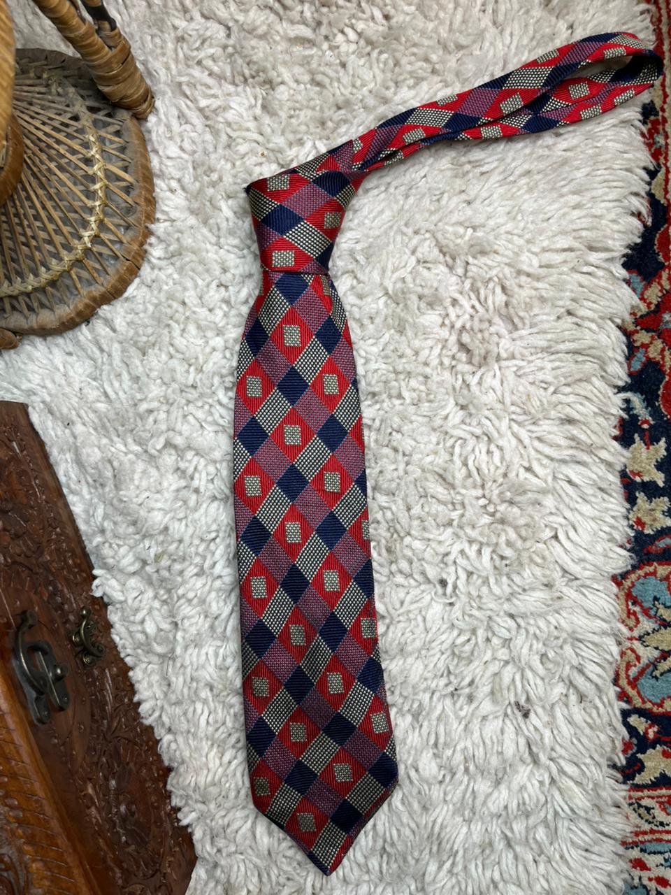 St Michael Marks & Spencer Silk Tie Red Navy Gold Diamond Pattern