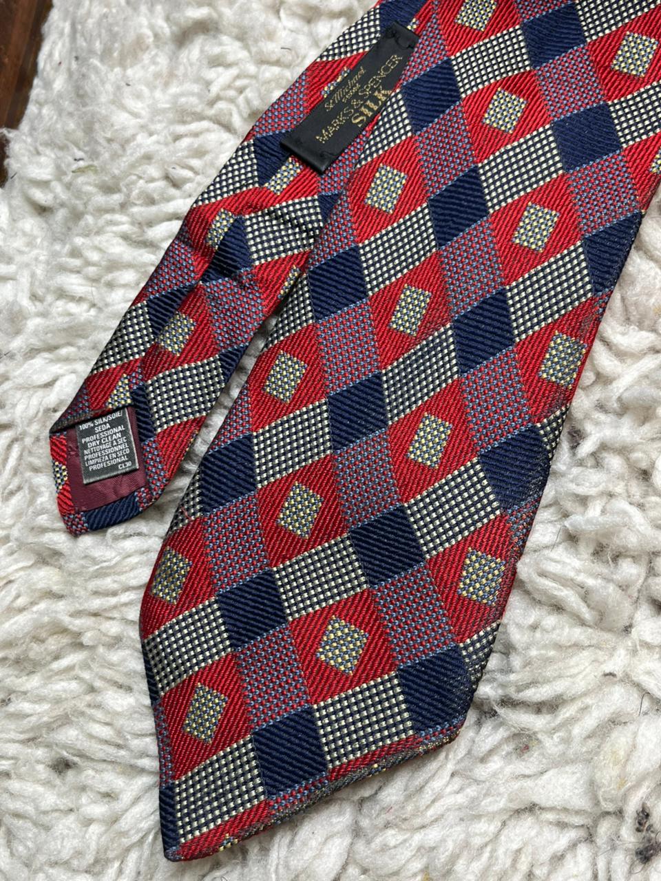St Michael Marks & Spencer Silk Tie Red Navy Gold Diamond Pattern
