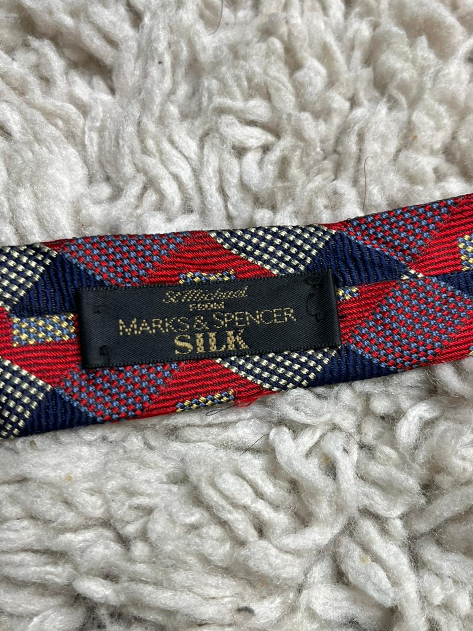 St Michael Marks & Spencer Silk Tie Red Navy Gold Diamond Pattern