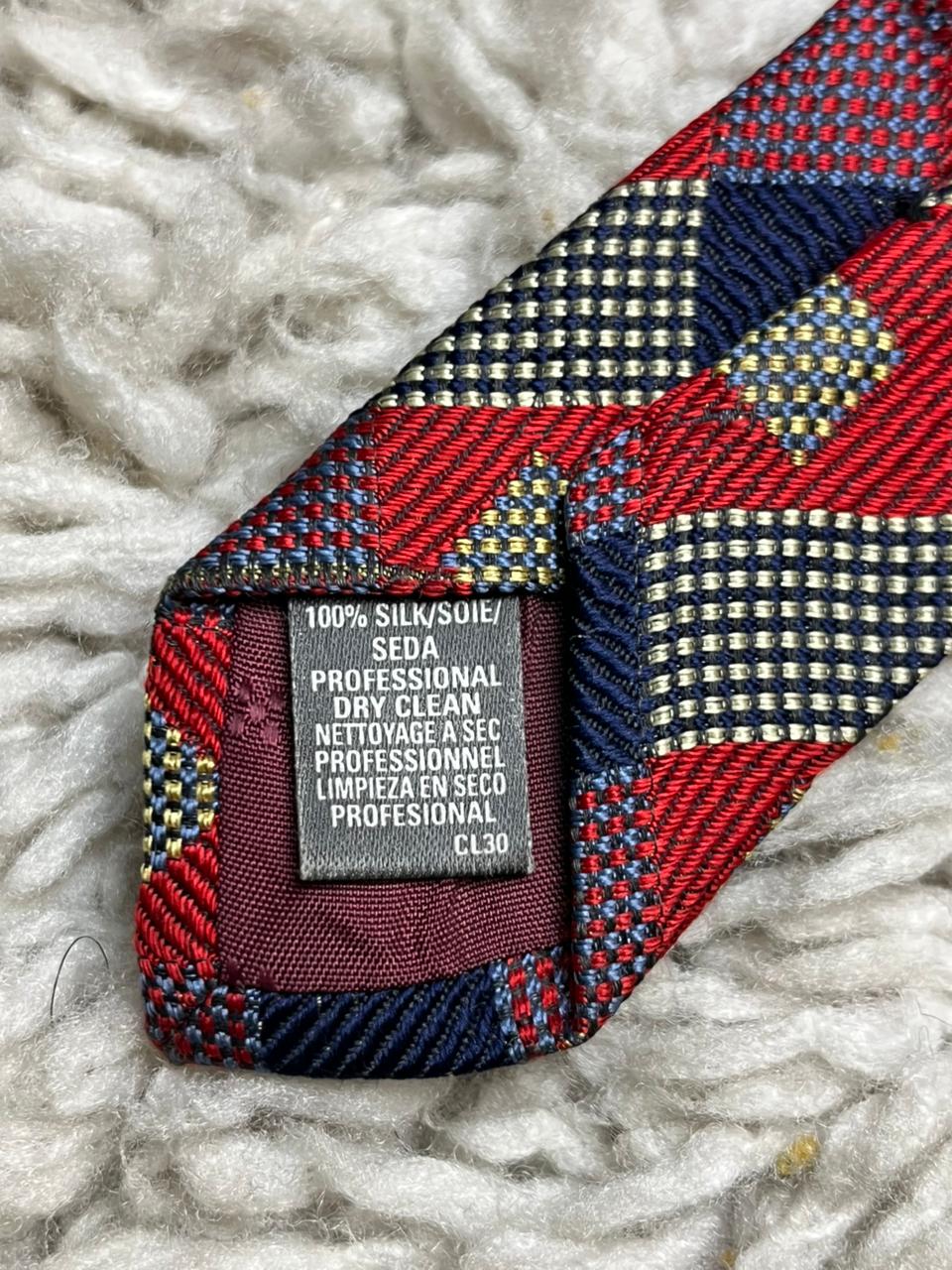St Michael Marks & Spencer Silk Tie Red Navy Gold Diamond Pattern