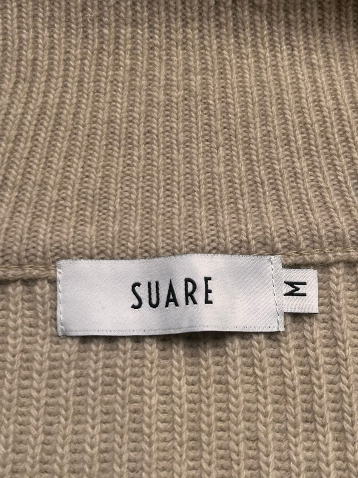 SUARE Beige Cream Ribbed Full Zip Knit Cardigan Sweater