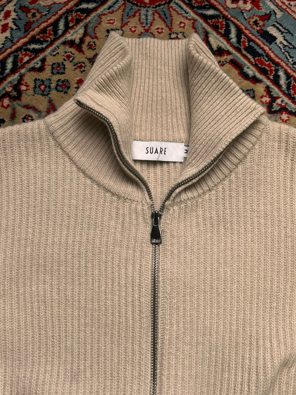 SUARE Beige Cream Ribbed Full Zip Knit Cardigan Sweater
