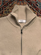 SUARE Beige Cream Ribbed Full Zip Knit Cardigan Sweater
