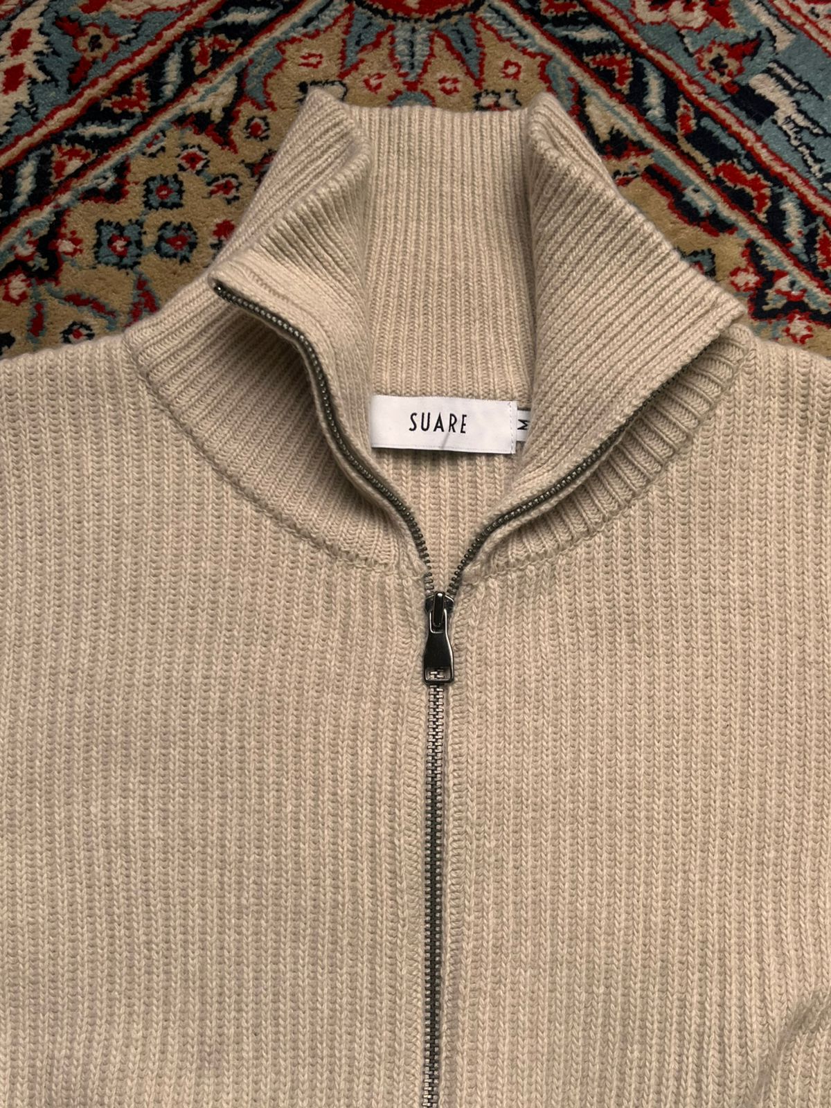 SUARE Beige Cream Ribbed Full Zip Knit Cardigan Sweater