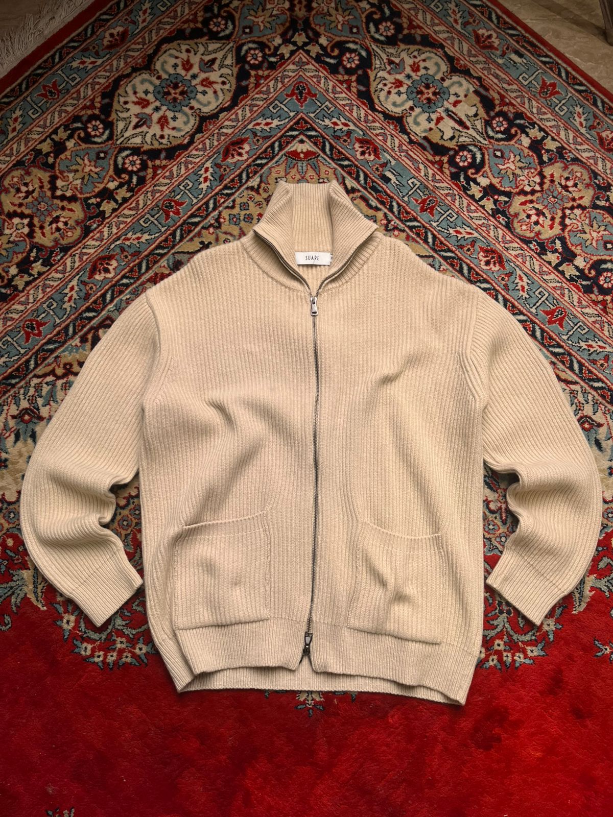 SUARE Beige Cream Ribbed Full Zip Knit Cardigan Sweater