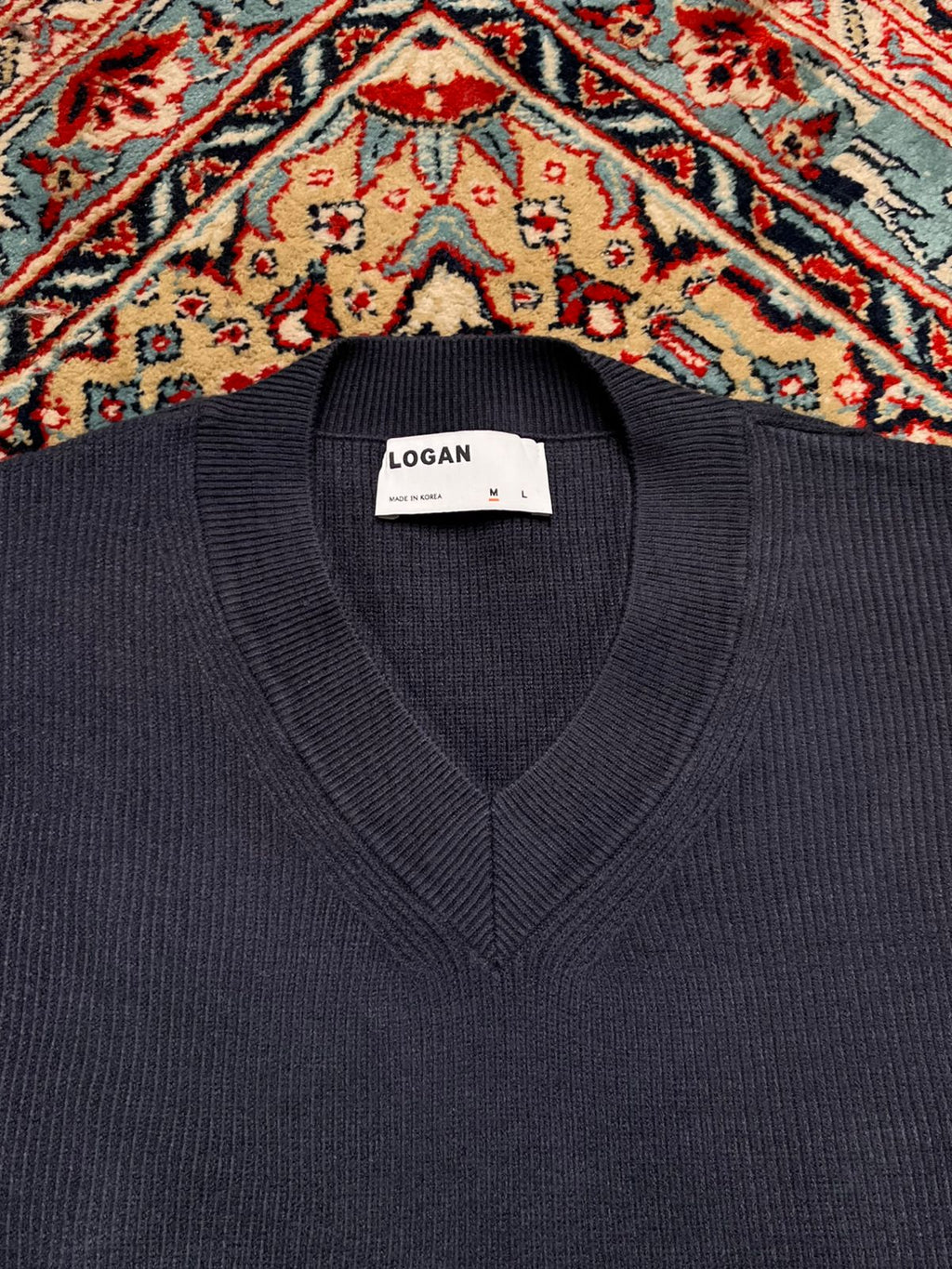 LOGAN Men’s V-Neck Navy Blue Knit Relaxed Fit Sweater